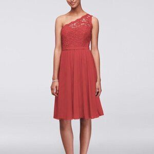 One-Shoulder Coral Lace & Mesh Dress | Bridesmaid or Cocktail Dress | Size 14